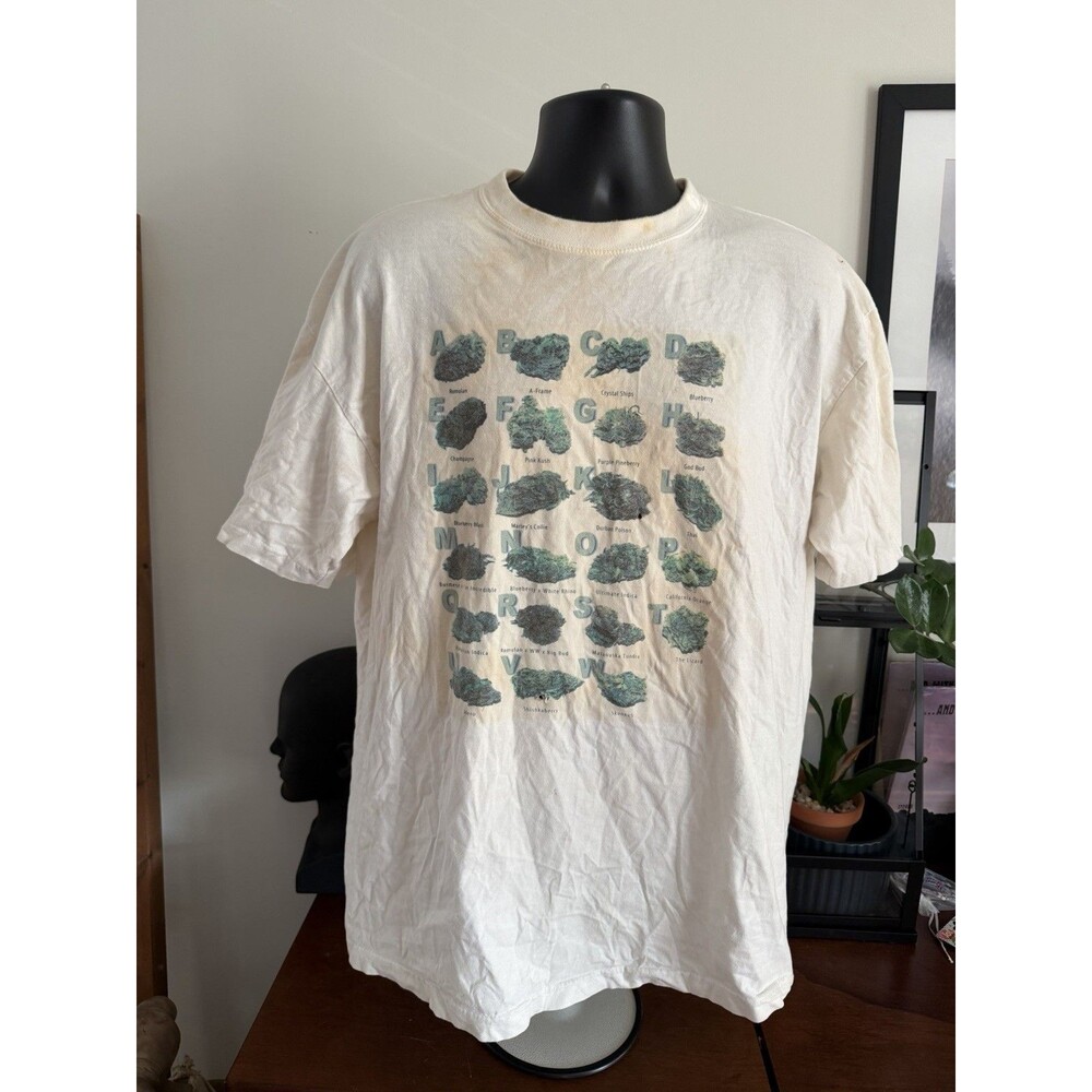 Vintage Y2K Cannabis Weed Strains Alphabet T Shirt XL Marijuana Distressed￼